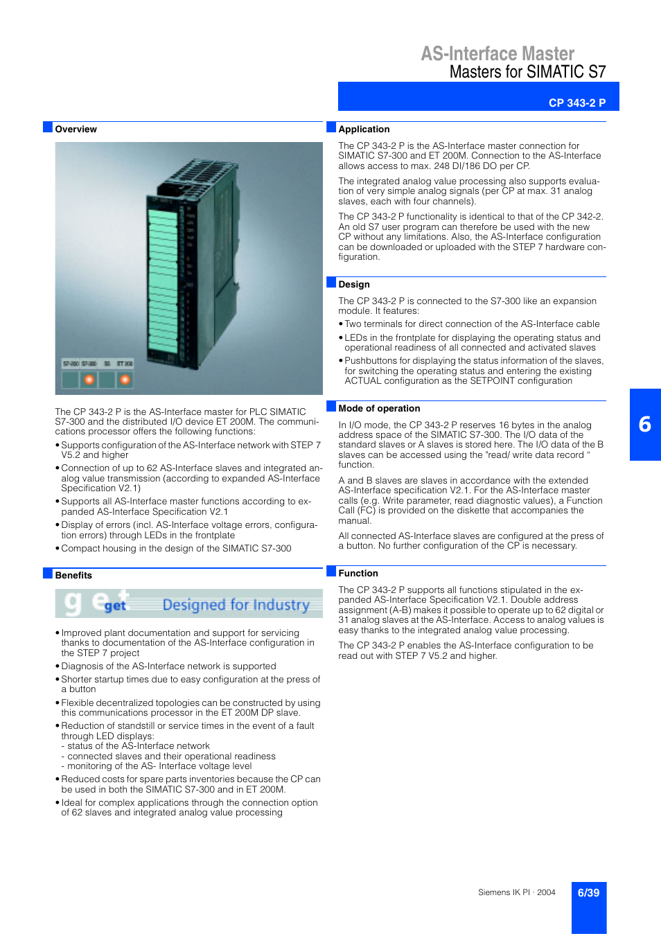 Cp 343-2 p, As-interface master, Masters for simatic s7 | Siemens ISI EN 50295 User Manual | Page 39 / 152