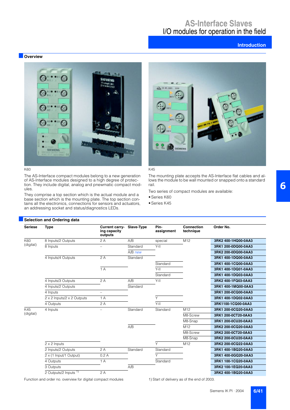I/o modules for operation in the field, Introduction, As-interface slaves | Siemens ISI EN 50295 User Manual | Page 41 / 152