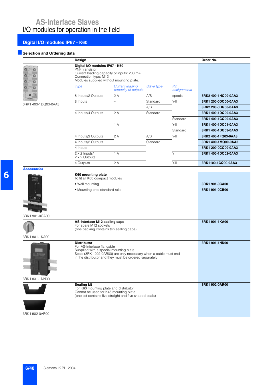 As-interface slaves, I/o modules for operation in the field, Digital i/o modules ip67 - k60 | Siemens ISI EN 50295 User Manual | Page 48 / 152