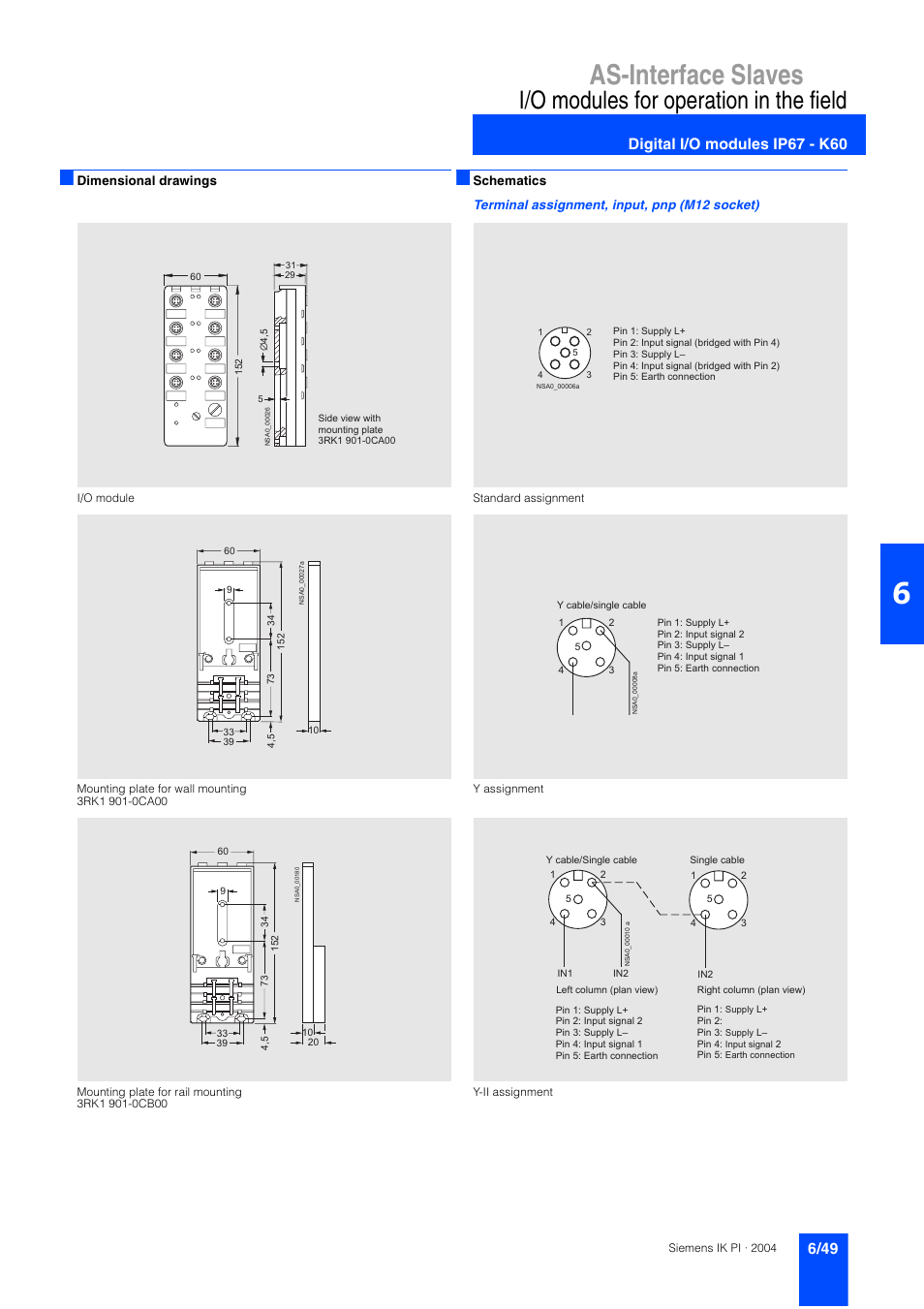 As-interface slaves, I/o modules for operation in the field, Digital i/o modules ip67 - k60 | Dimensional drawings | Siemens ISI EN 50295 User Manual | Page 49 / 152