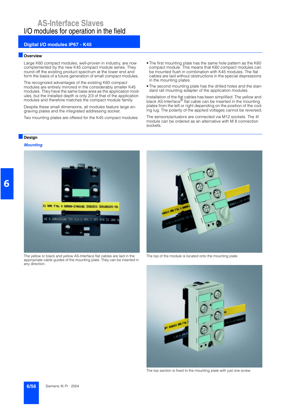 Digital i/o modules ip67 - k45, Digital i/o modules ip67 – k45, As-interface slaves | I/o modules for operation in the field | Siemens ISI EN 50295 User Manual | Page 56 / 152