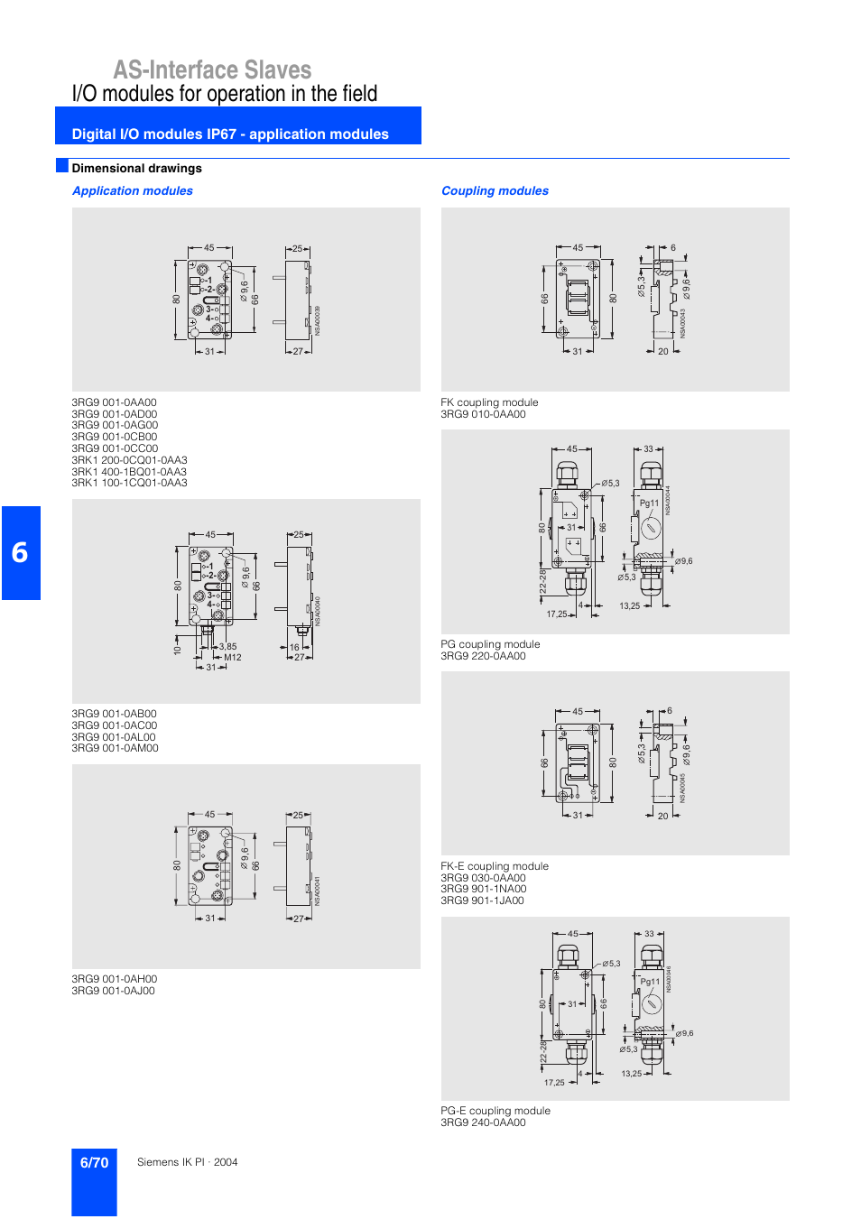 As-interface slaves, I/o modules for operation in the field, Digital i/o modules ip67 - application modules | Dimensional drawings application modules, Coupling modules | Siemens ISI EN 50295 User Manual | Page 70 / 152