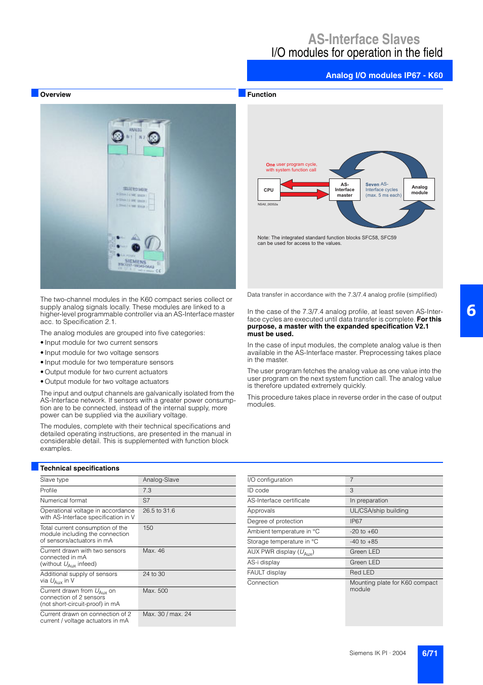 Analog i/o modules ip67 - k60, Analog i/o modules ip67 – k60, As-interface slaves | I/o modules for operation in the field | Siemens ISI EN 50295 User Manual | Page 71 / 152