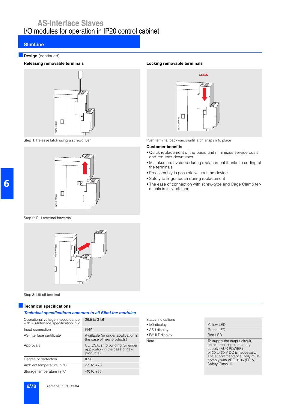 As-interface slaves, I/o modules for operation in ip20 control cabinet, Slimline | Siemens ISI EN 50295 User Manual | Page 78 / 152