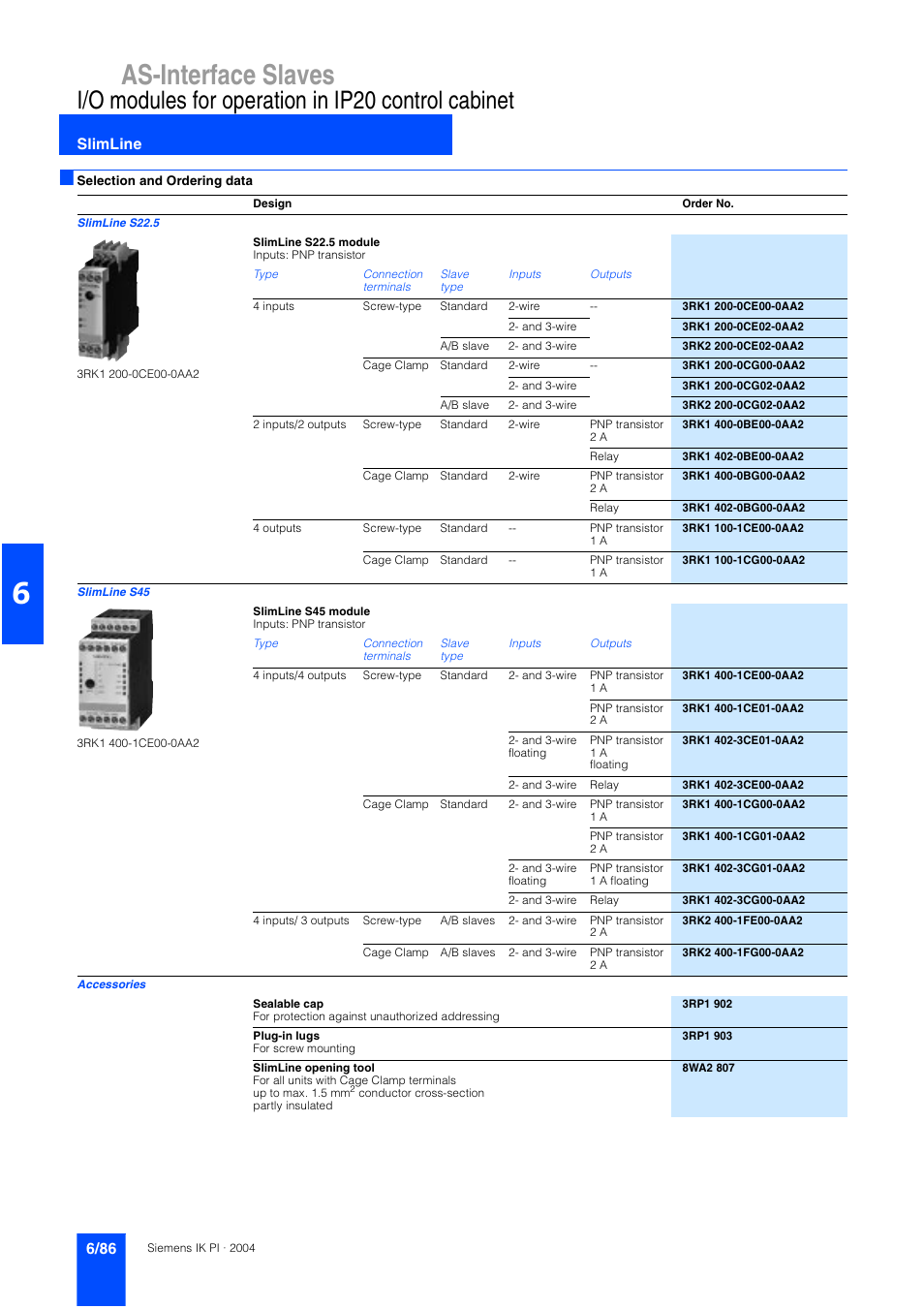 As-interface slaves, I/o modules for operation in ip20 control cabinet, Slimline | Siemens ISI EN 50295 User Manual | Page 86 / 152