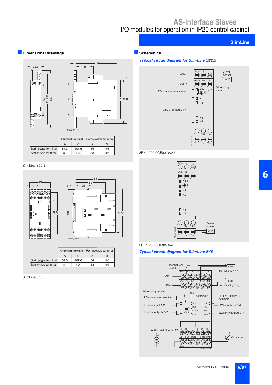 As-interface slaves, I/o modules for operation in ip20 control cabinet, Slimline | Dimensional drawings, Typical circuit diagram for slimline s45 | Siemens ISI EN 50295 User Manual | Page 87 / 152