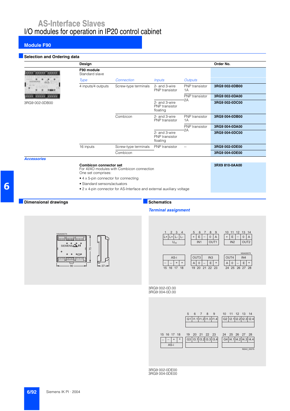 As-interface slaves, I/o modules for operation in ip20 control cabinet, Module f90 | Siemens ISI EN 50295 User Manual | Page 92 / 152