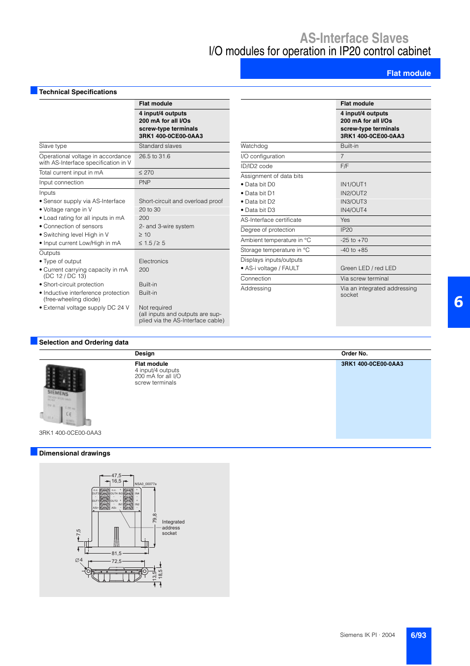 Flat module, As-interface slaves, I/o modules for operation in ip20 control cabinet | Siemens ISI EN 50295 User Manual | Page 93 / 152