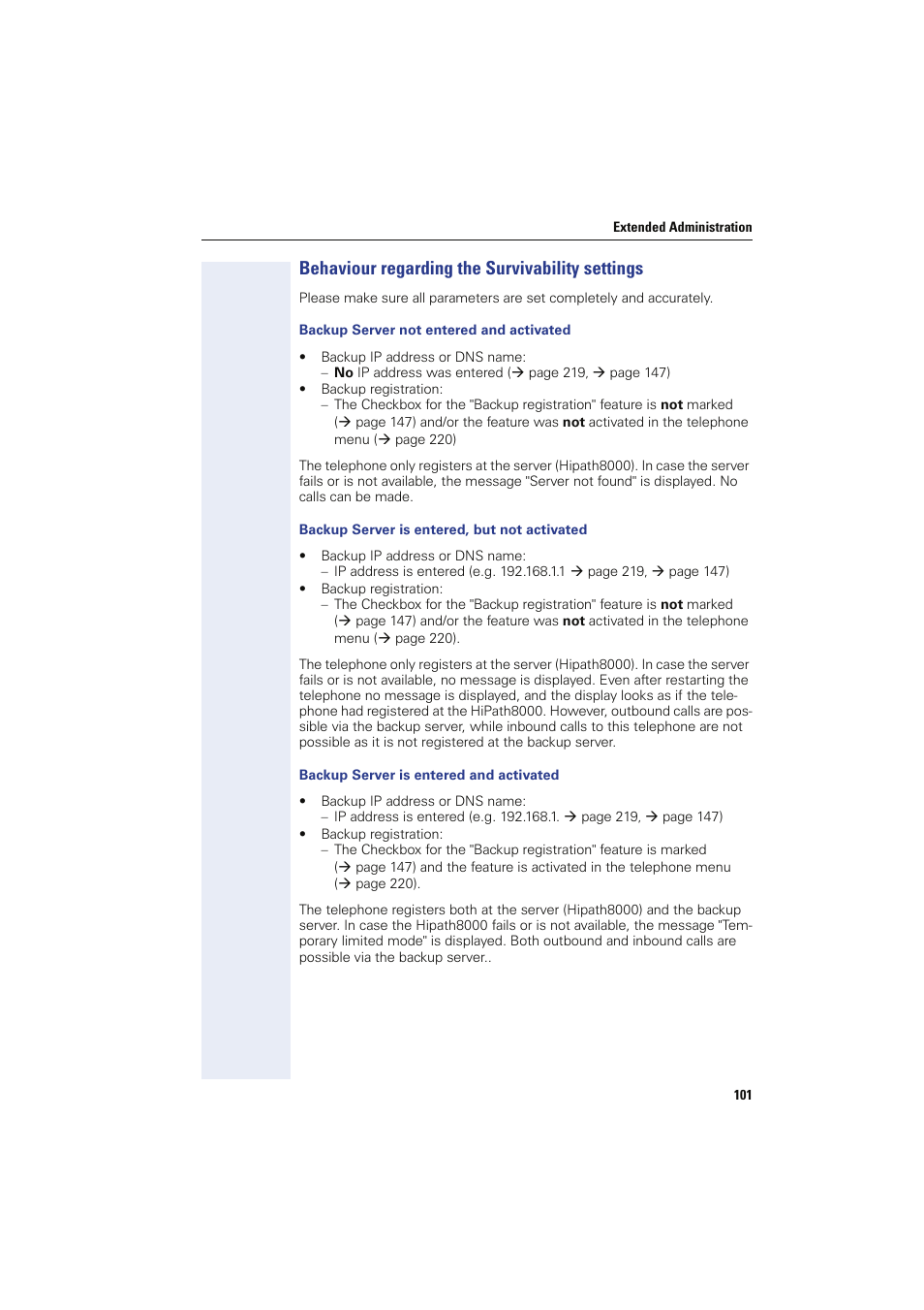 Behaviour regarding the survivability settings, Backup server not entered and activated, Backup server is entered, but not activated | Backup server is entered and activated | Siemens HIPATH 8000 User Manual | Page 101 / 249