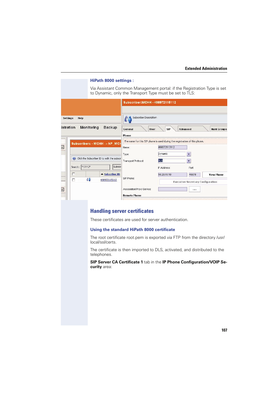 Hipath 8000 settings, Handling server certificates, Using the standard hipath 8000 certificate | Siemens HIPATH 8000 User Manual | Page 107 / 249