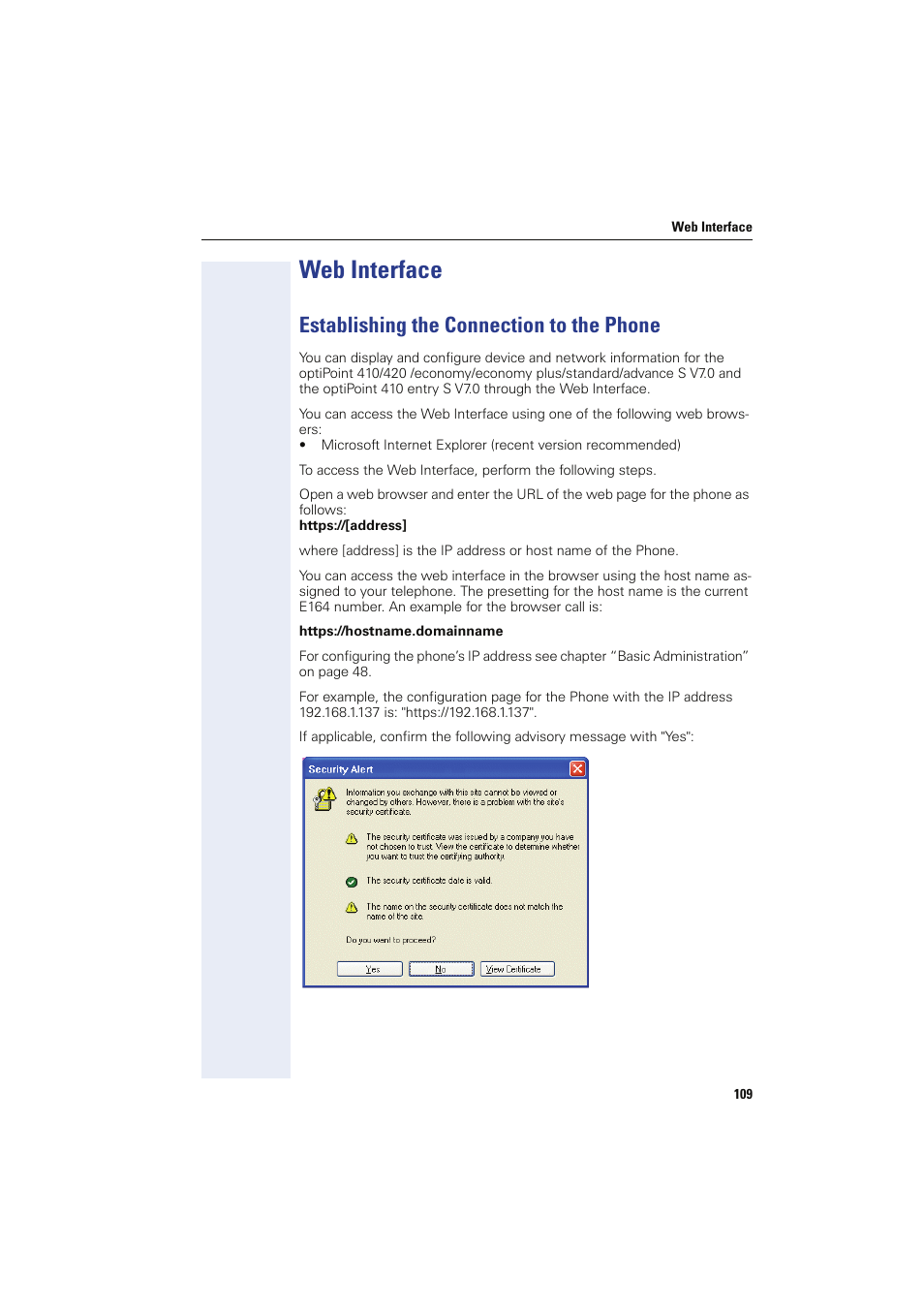 Web interface, Establishing the connection to the phone | Siemens HIPATH 8000 User Manual | Page 109 / 249