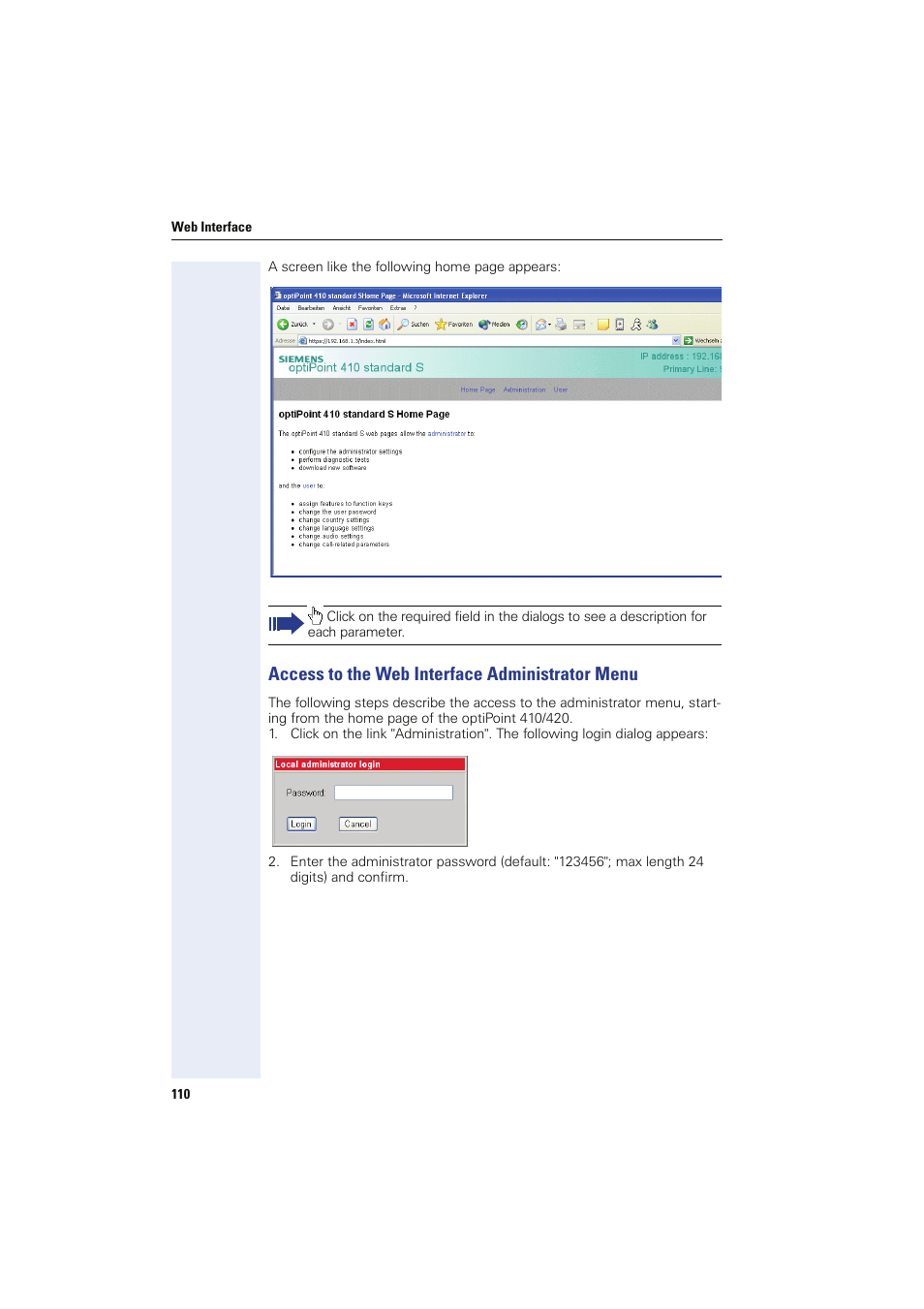 Access to the web interface administrator menu | Siemens HIPATH 8000 User Manual | Page 110 / 249