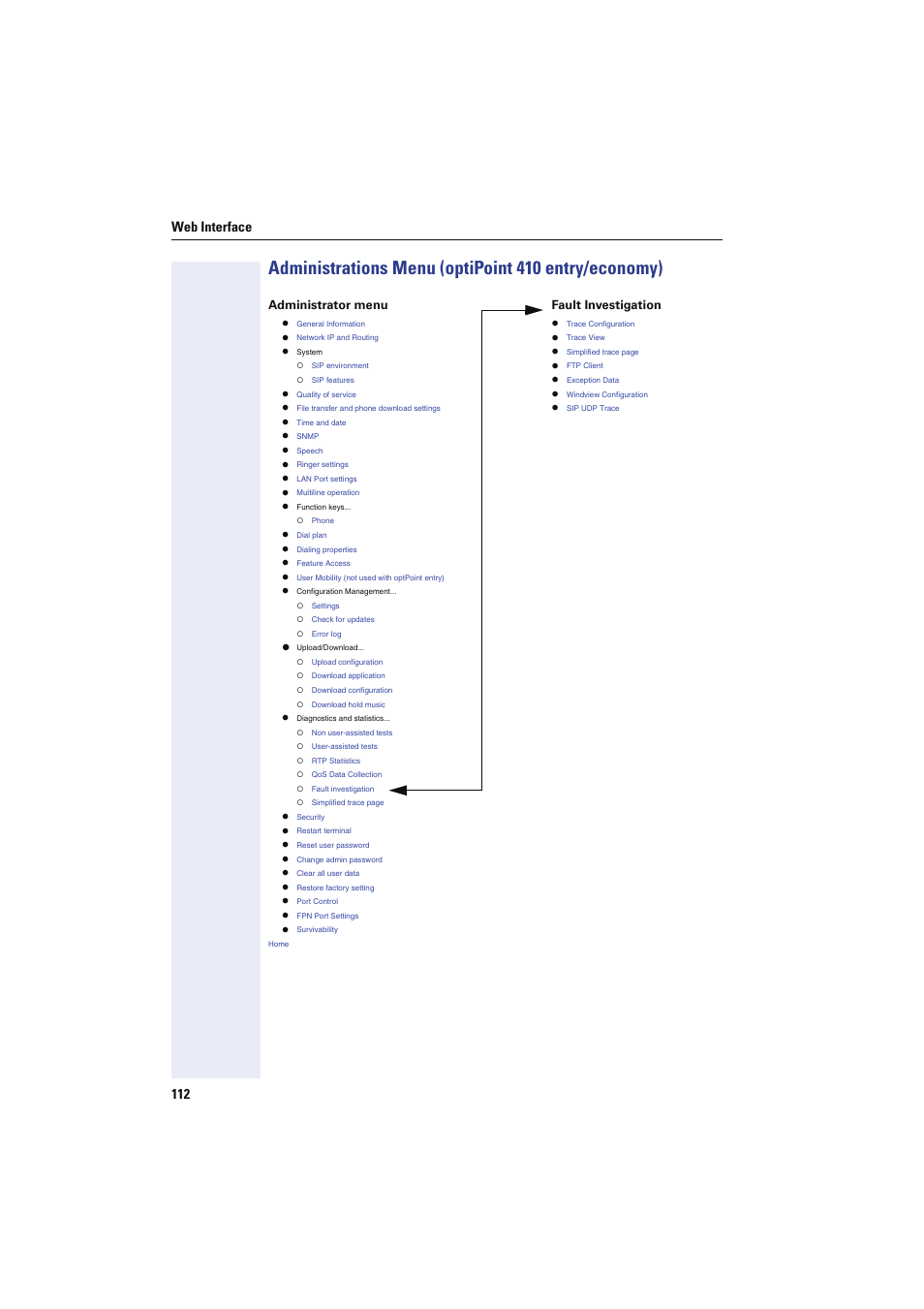 Administrations menu (optipoint 410 entry/economy), Web interface 112, Administrator menu fault investigation | Siemens HIPATH 8000 User Manual | Page 112 / 249