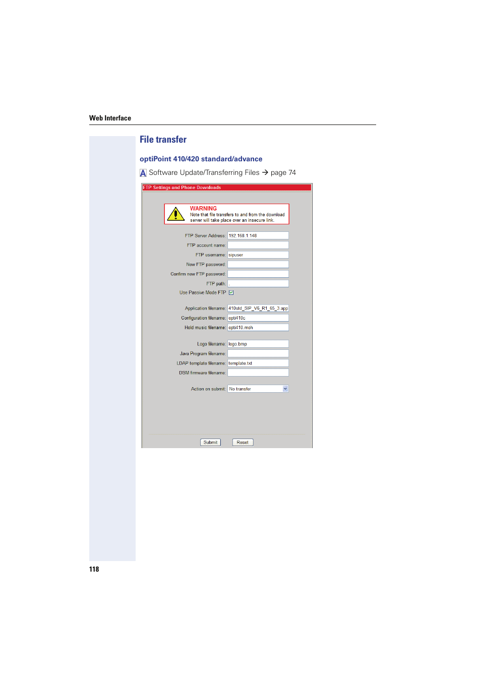 File transfer, Optipoint 410/420 standard/advance, File transfer and phone download settings | Æ file transfer | Siemens HIPATH 8000 User Manual | Page 118 / 249