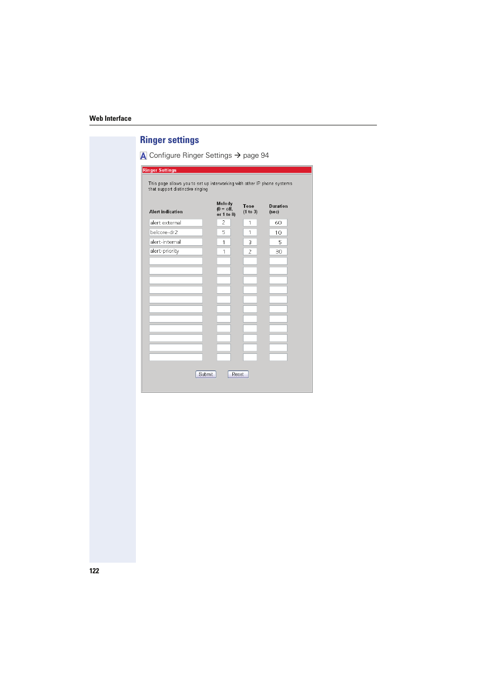 Ringer settings | Siemens HIPATH 8000 User Manual | Page 122 / 249