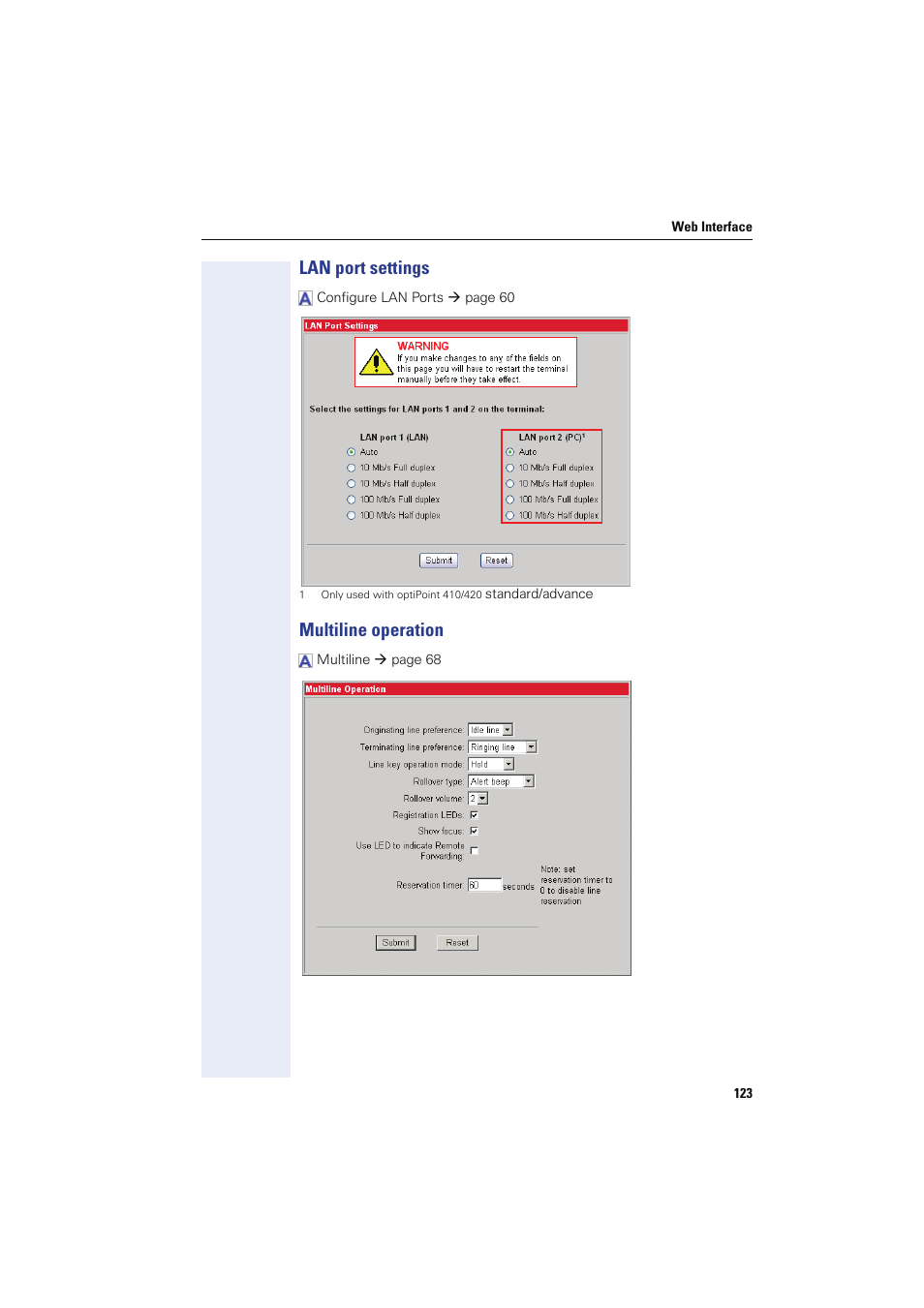 Lan port settings, Multiline operation, Lan port settings multiline operation | Siemens HIPATH 8000 User Manual | Page 123 / 249