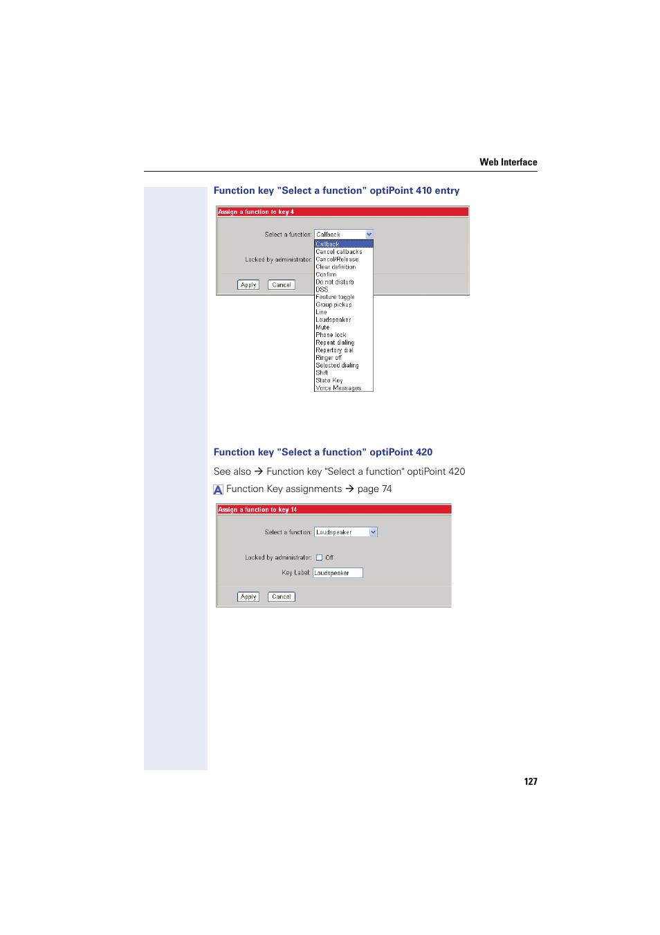 Function key "select a function" optipoint 420 | Siemens HIPATH 8000 User Manual | Page 127 / 249