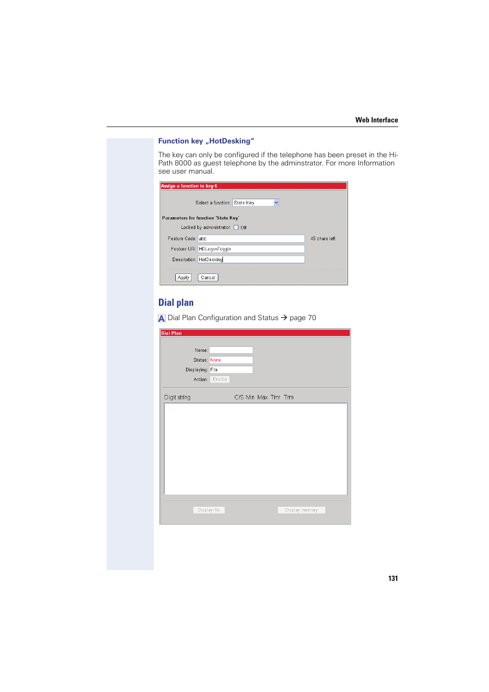 Function key „hotdesking, Dial plan | Siemens HIPATH 8000 User Manual | Page 131 / 249