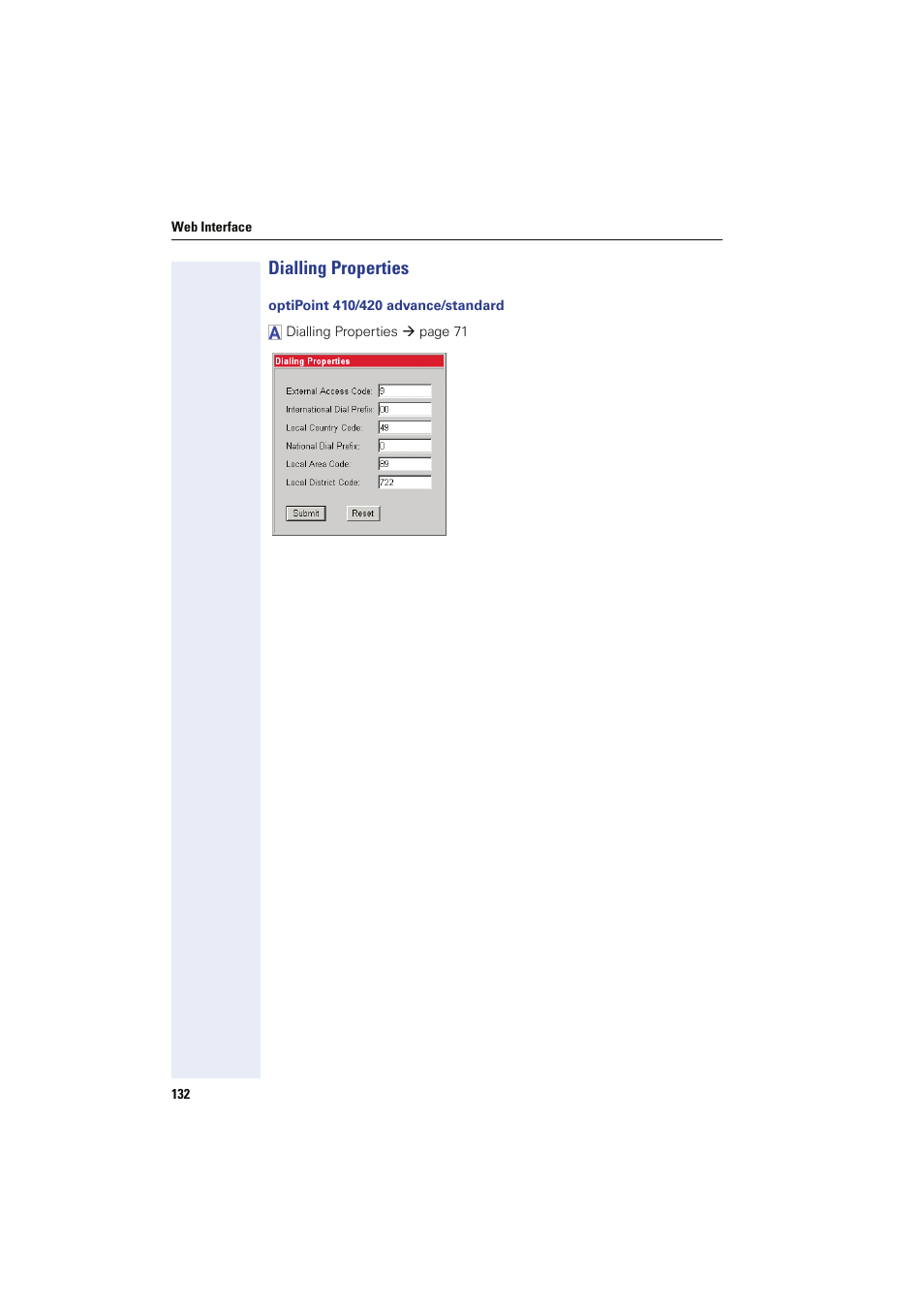 Dialling properties, Optipoint 410/420 advance/standard, Dialing properties | Siemens HIPATH 8000 User Manual | Page 132 / 249