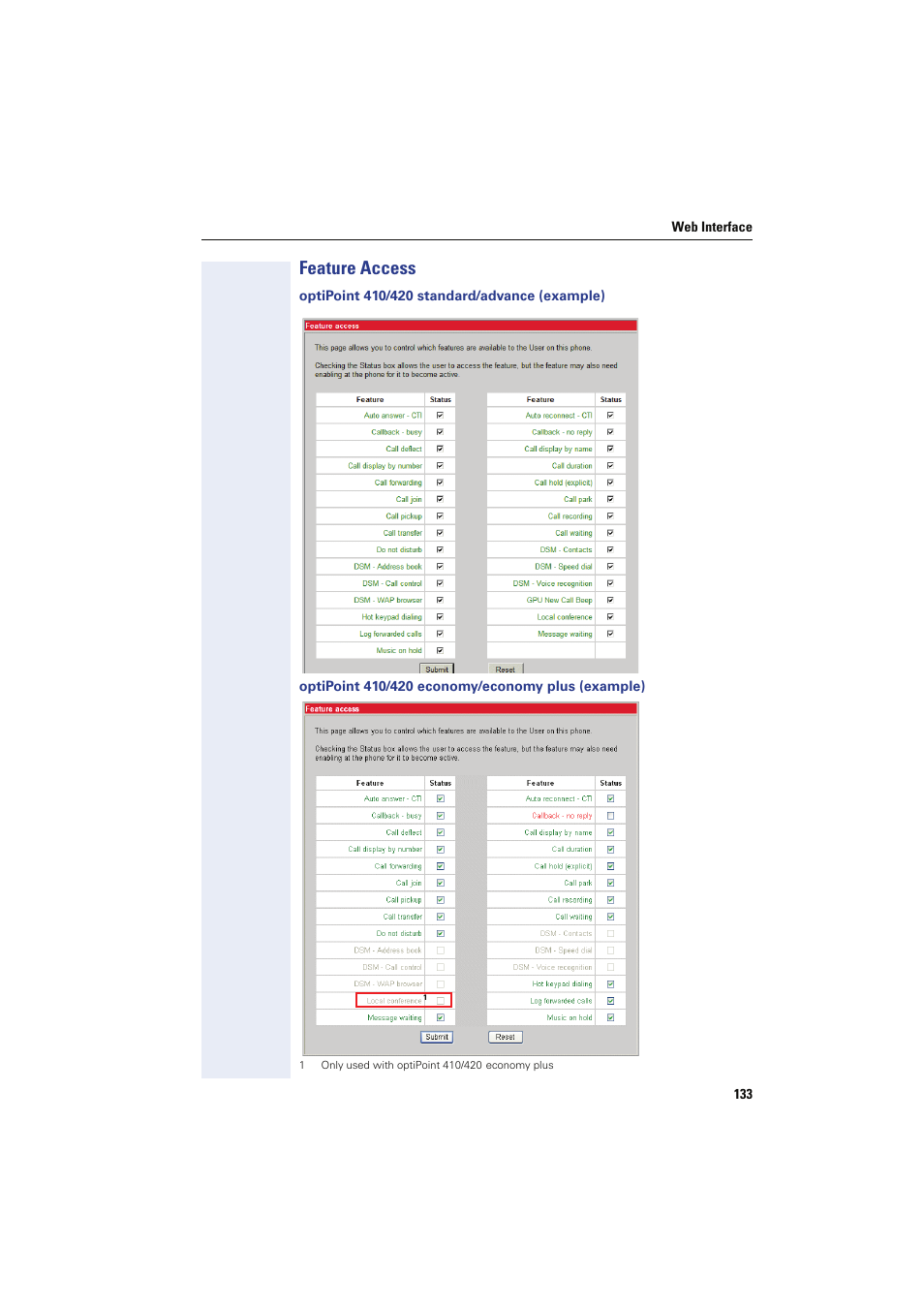 Feature access, Optipoint 410/420 standard/advance (example), Optipoint 410/420 economy/economy plus (example) | Siemens HIPATH 8000 User Manual | Page 133 / 249