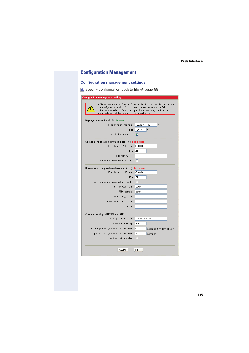 Configuration management, Configuration management settings, Settings | Siemens HIPATH 8000 User Manual | Page 135 / 249