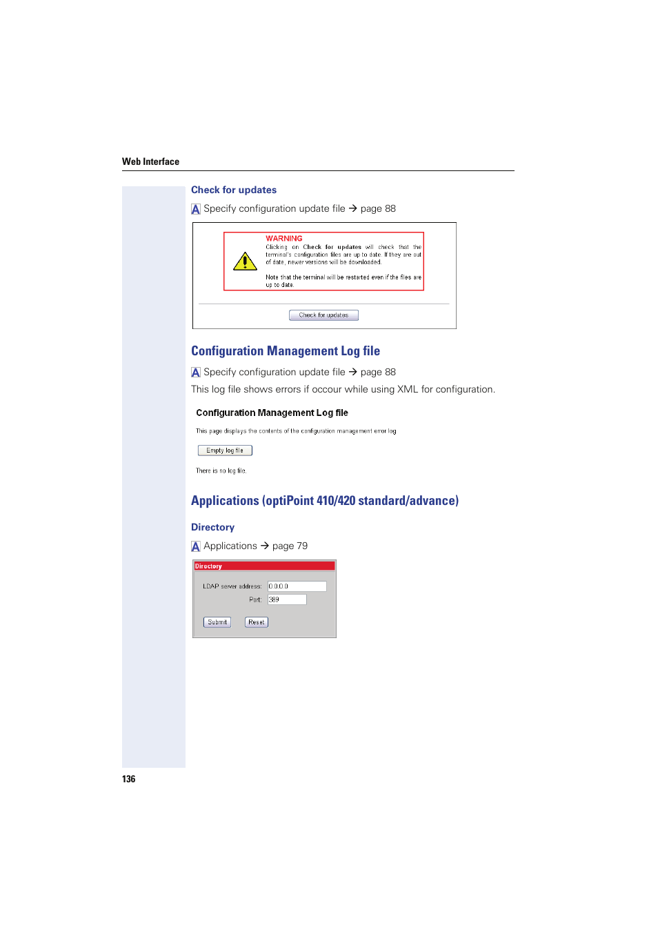 Check for updates, Configuration management log file, Applications (optipoint 410/420 standard/advance) | Directory, Error log | Siemens HIPATH 8000 User Manual | Page 136 / 249