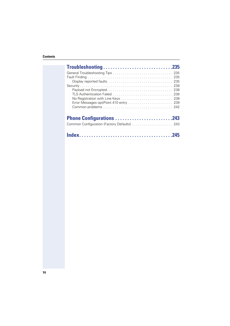 Troubleshooting, Phone configurations, Index | Siemens HIPATH 8000 User Manual | Page 14 / 249