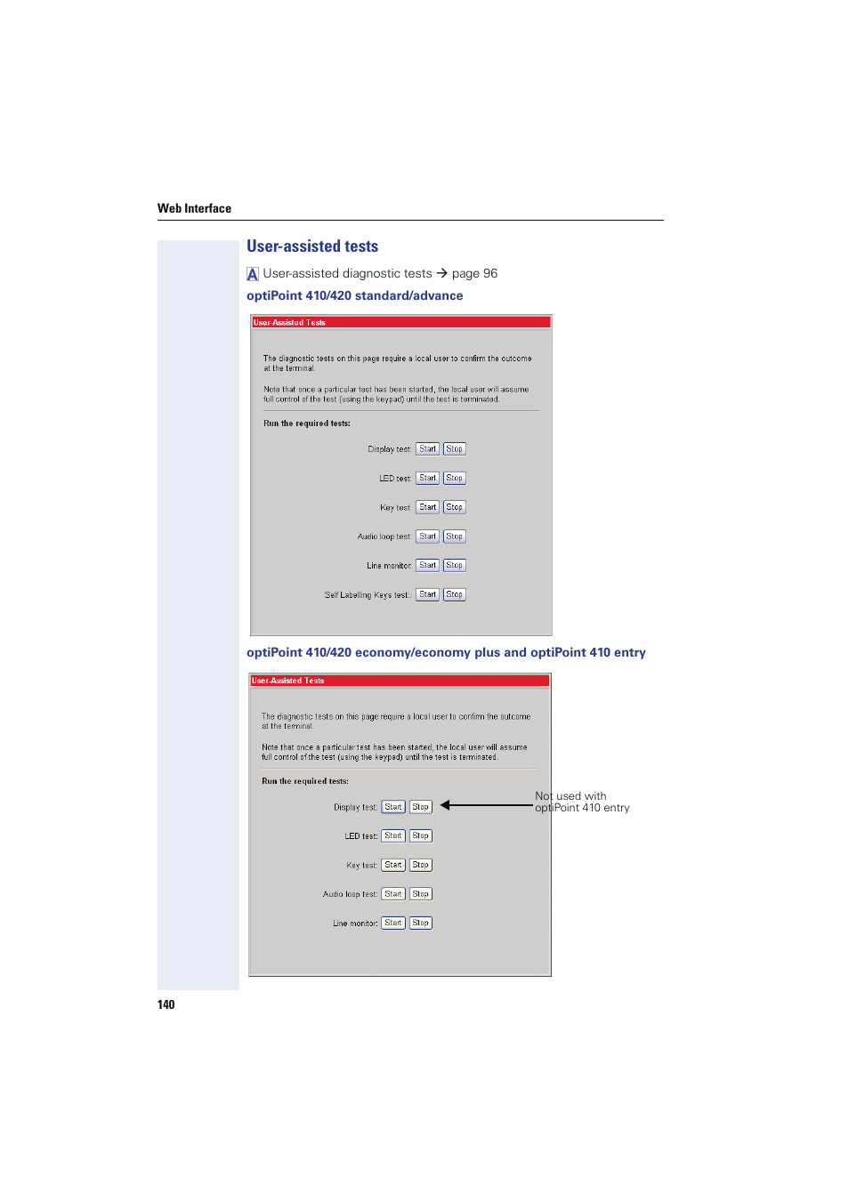 User-assisted tests, Optipoint 410/420 standard/advance | Siemens HIPATH 8000 User Manual | Page 140 / 249