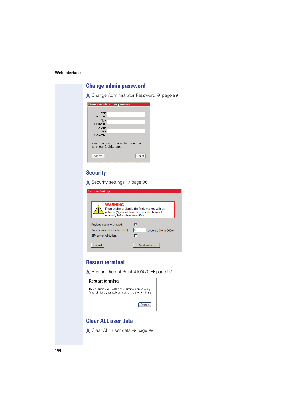 Change admin password, Security, Restart terminal | Clear all user data | Siemens HIPATH 8000 User Manual | Page 144 / 249