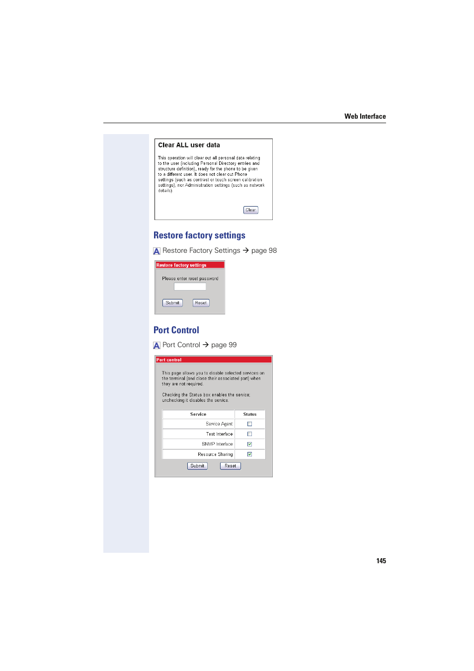 Restore factory settings, Port control, Restore factory settings port control | Restore factory setting | Siemens HIPATH 8000 User Manual | Page 145 / 249