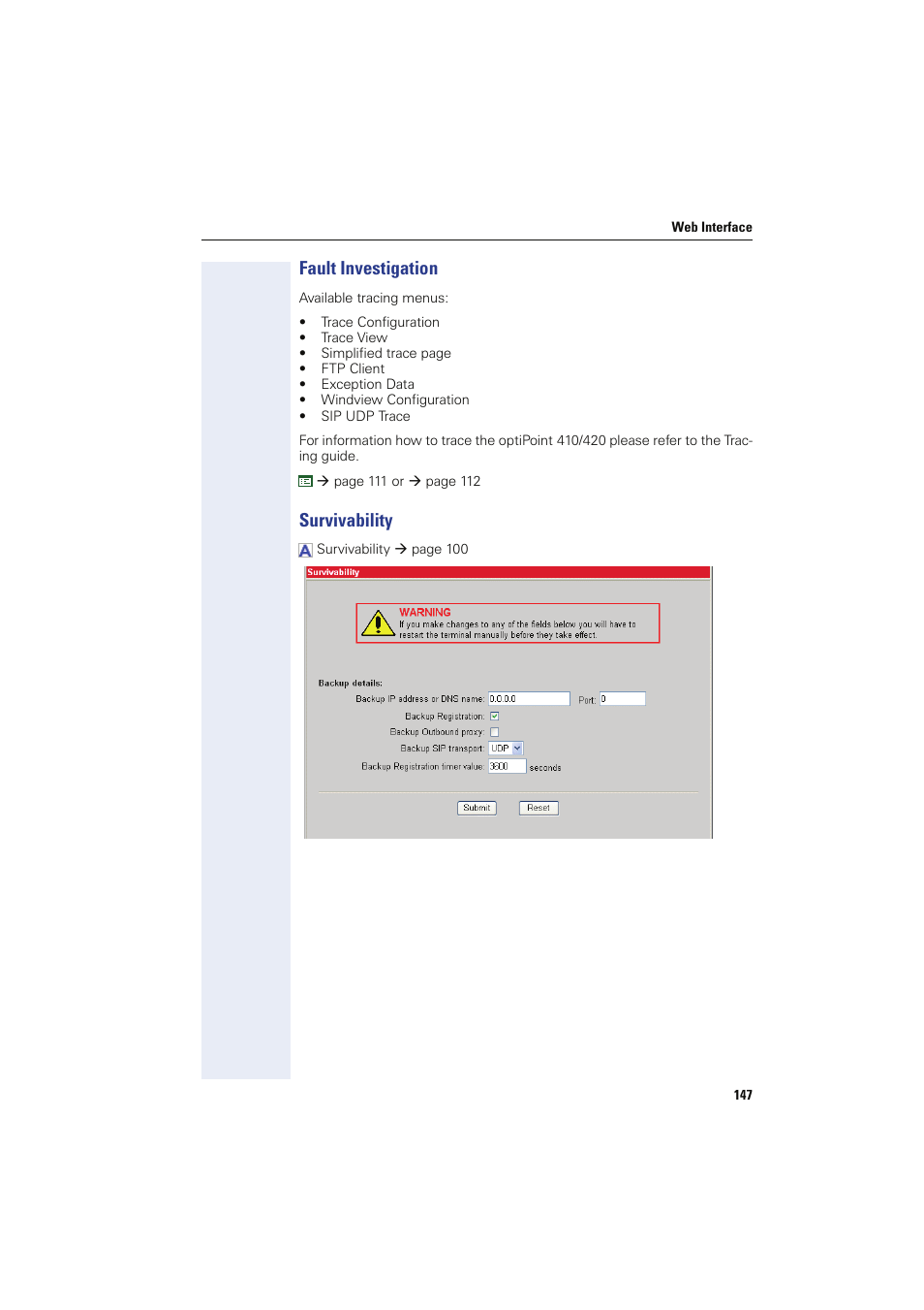 Fault investigation, Survivability, Fault investigation survivability | Trace configuration, Trace view, Ftp client, Exception data, Windview configuration, Sip udp trace | Siemens HIPATH 8000 User Manual | Page 147 / 249