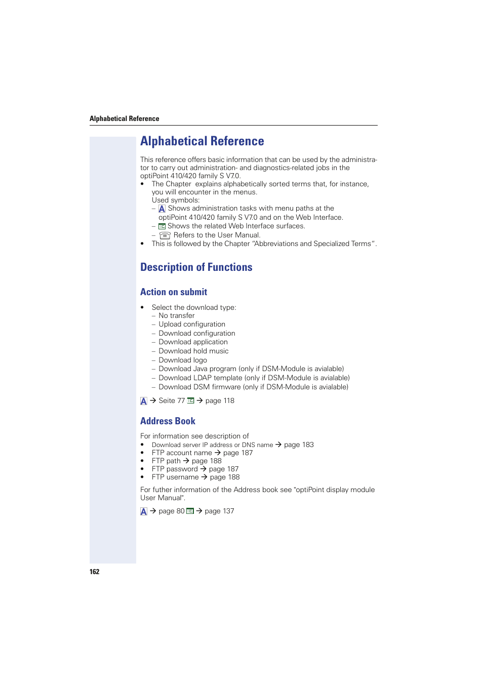 Alphabetical reference, Description of functions, Action on submit | Address book, Action on submit address book | Siemens HIPATH 8000 User Manual | Page 162 / 249