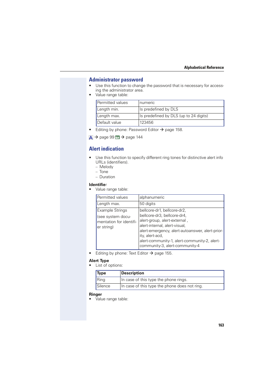 Administrator password, Alert indication, Administrator password alert indication | Admin password, Alert indications | Siemens HIPATH 8000 User Manual | Page 163 / 249