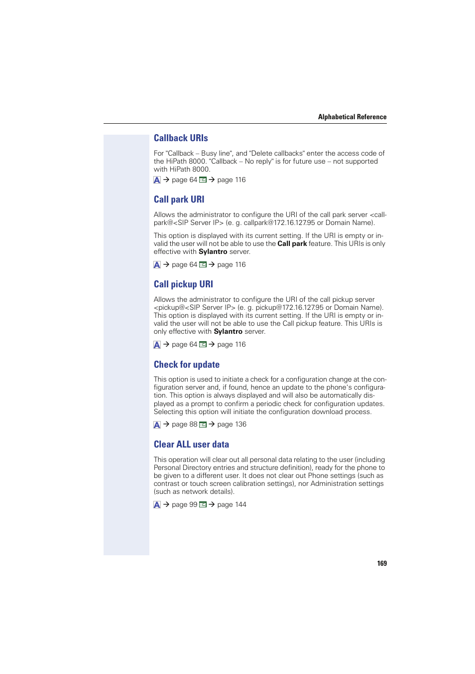 Callback uris, Call park uri, Call pickup uri | Check for update, Clear all user data | Siemens HIPATH 8000 User Manual | Page 169 / 249