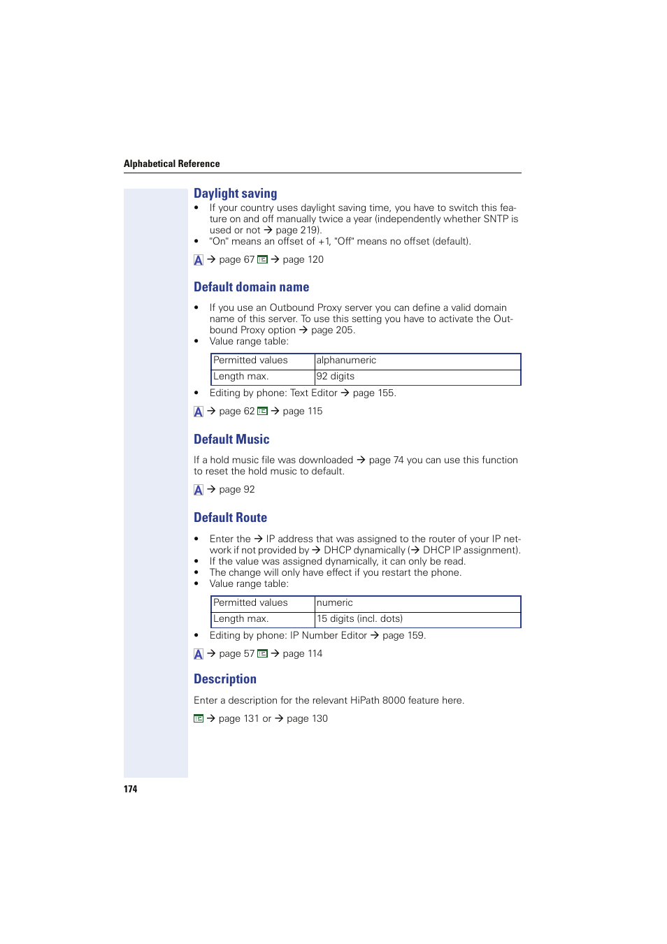 Daylight saving, Default domain name, Default music | Default route, Description, Dl ldap template, Ldap template filename, Dl javaapplet, Javaapplet filename | Siemens HIPATH 8000 User Manual | Page 174 / 249