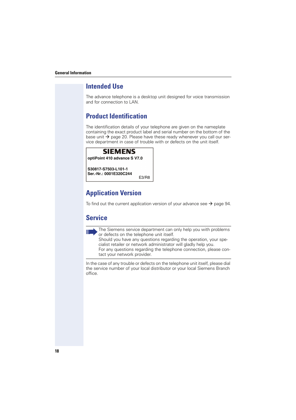 Intended use, Product identification, Application version | Service | Siemens HIPATH 8000 User Manual | Page 18 / 249