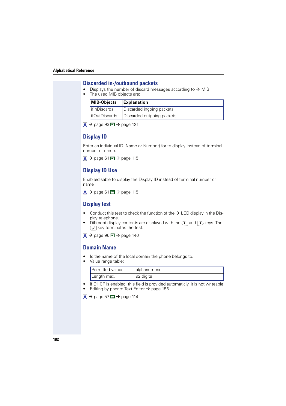 Discarded in-/outbound packets, Display id, Display id use | Display test, Domain name, Dns domain name, Mib2-discards | Siemens HIPATH 8000 User Manual | Page 182 / 249