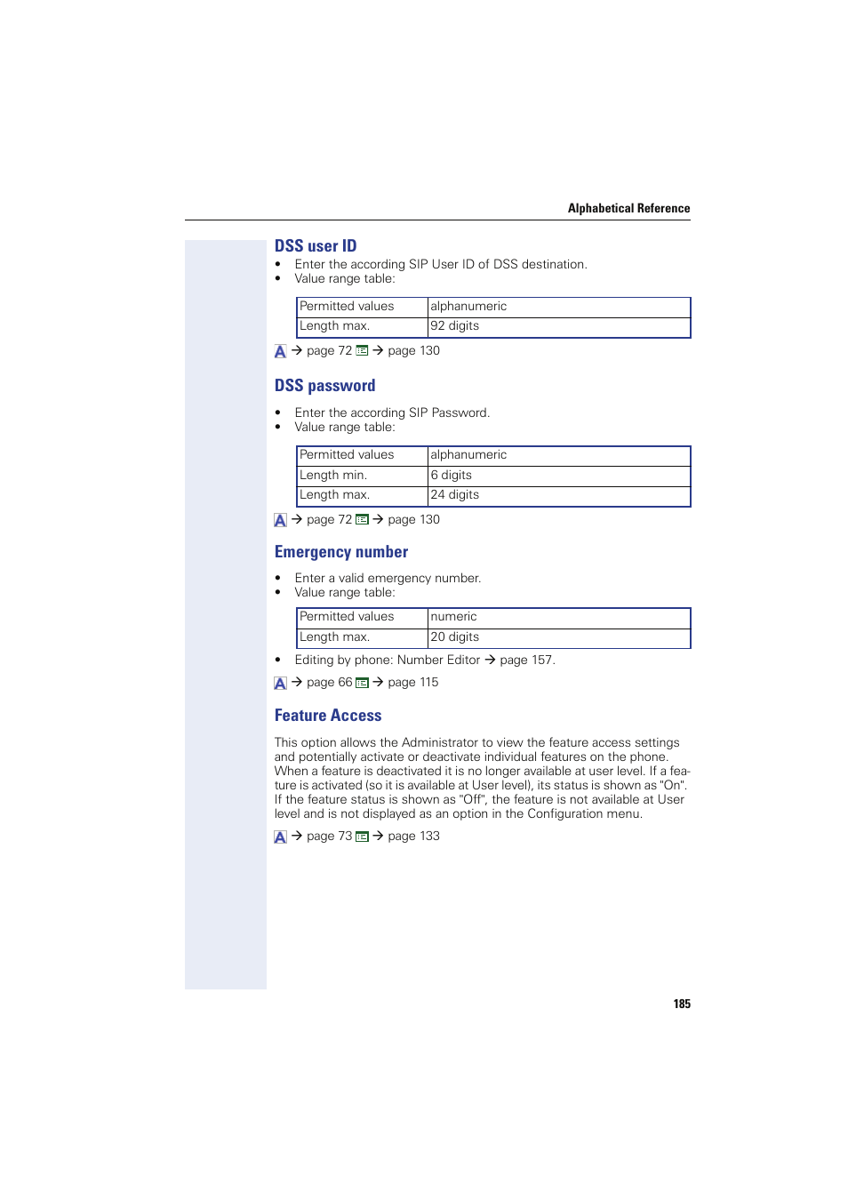 Dss user id, Dss password, Emergency number | Feature access, Emergency no | Siemens HIPATH 8000 User Manual | Page 185 / 249