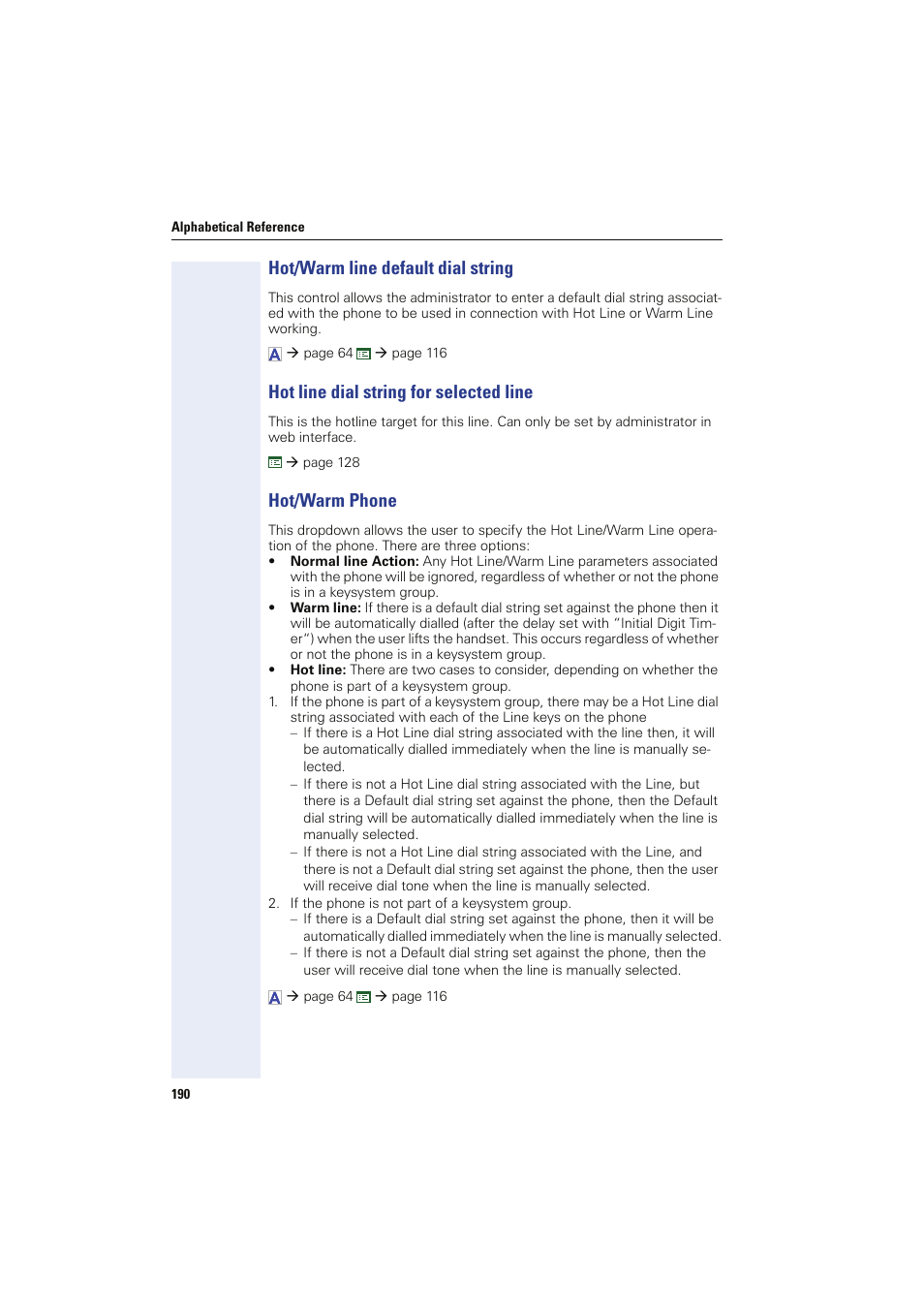 Hot/warm line default dial string, Hot line dial string for selected line, Hot/warm phone | Siemens HIPATH 8000 User Manual | Page 190 / 249