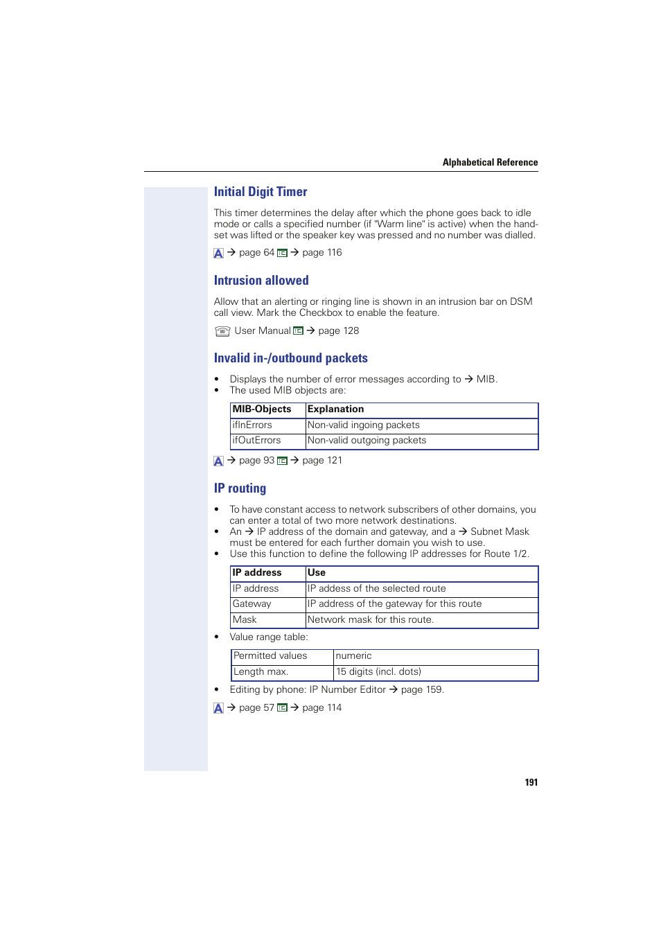 Initial digit timer, Intrusion allowed, Invalid in-/outbound packets | Ip routing, Default route, Mib2 err count, Key label test, Set with “initial digit tim, Er“) when the | Siemens HIPATH 8000 User Manual | Page 191 / 249