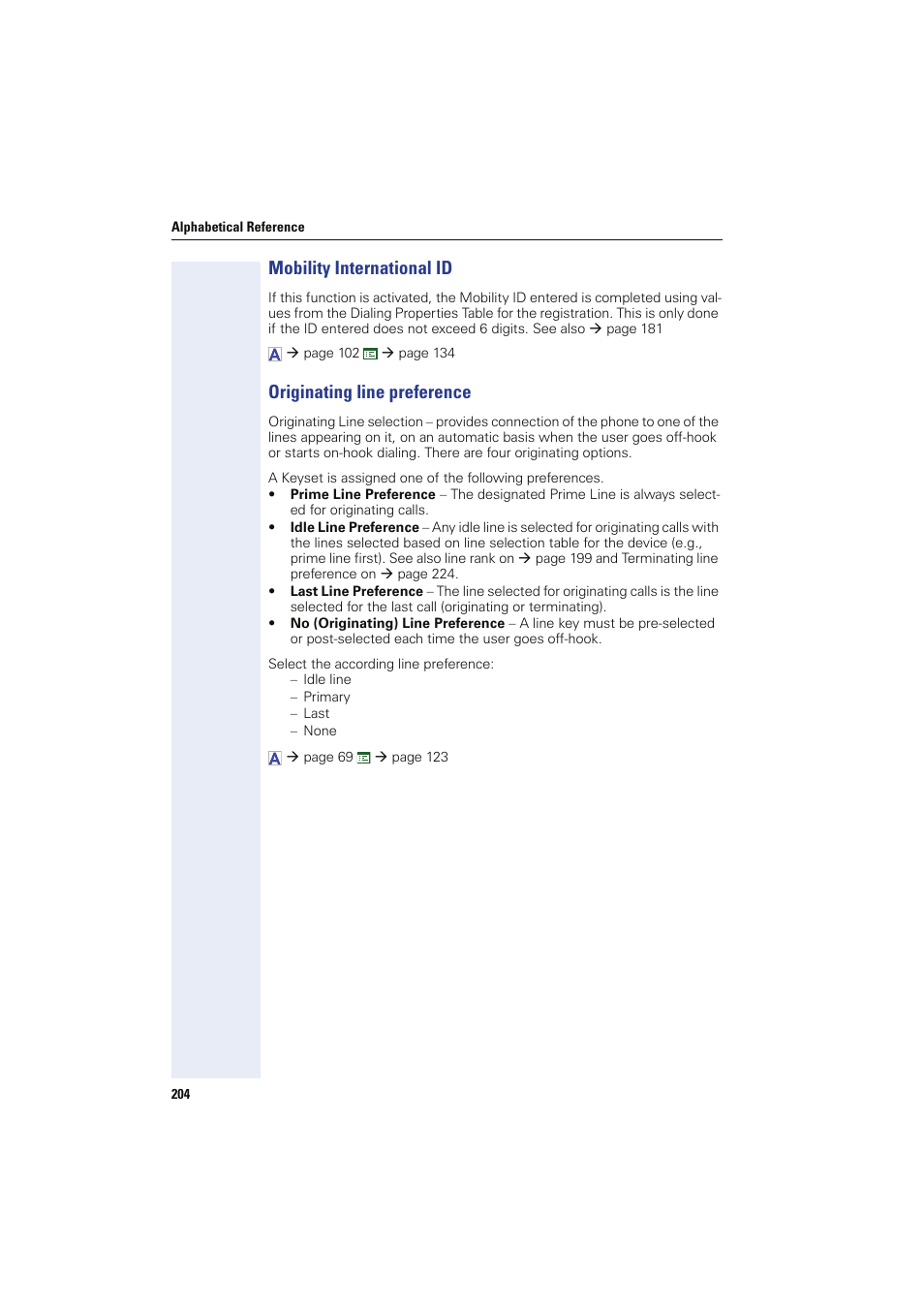 Mobility international id, Originating line preference, Orig line pref | Siemens HIPATH 8000 User Manual | Page 204 / 249