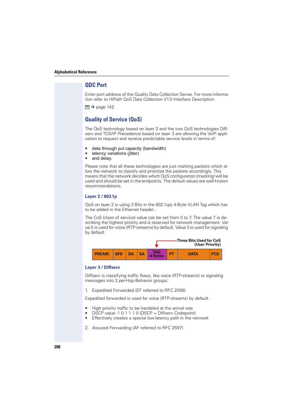 Qdc port, Quality of service (qos), Layer 2 / 802.1p | Layer 3 / diffserv, Qdc port quality of service (qos), Rmation see æ quality of service (qos), Æ quality of service (qos), Æ quality of, Service (qos)), Ted (æ quality of ser | Siemens HIPATH 8000 User Manual | Page 208 / 249