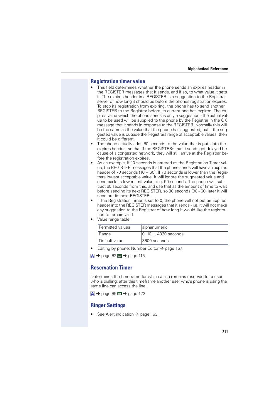 Registration timer value, Reservation timer, Ringer settings | Registration timer | Siemens HIPATH 8000 User Manual | Page 211 / 249