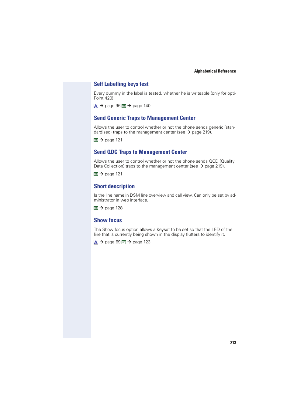 Self labelling keys test, Send generic traps to management center, Send qdc traps to management center | Short description, Show focus | Siemens HIPATH 8000 User Manual | Page 213 / 249