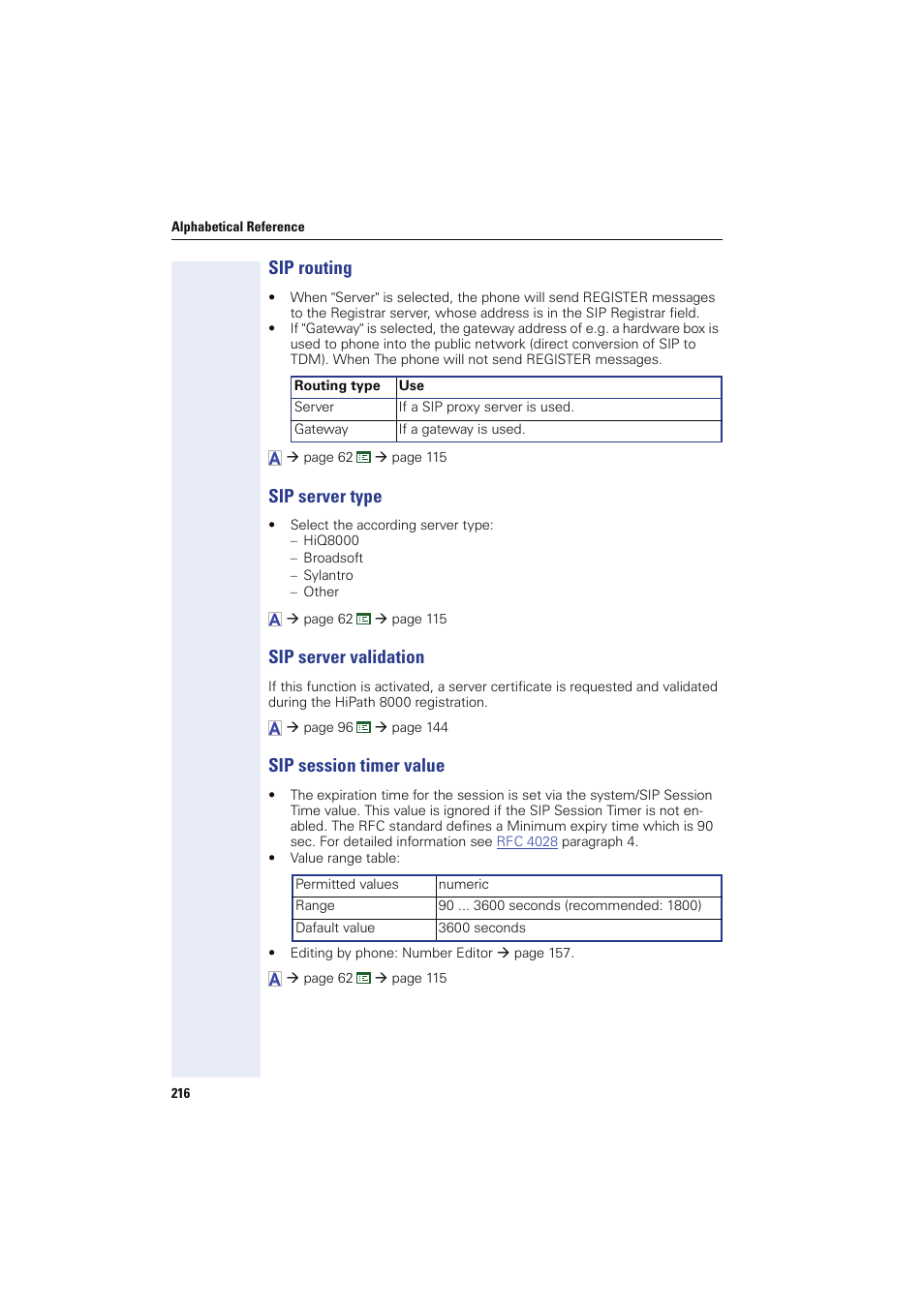 Sip routing, Sip server type, Sip server validation | Sip session timer value, Sip session time | Siemens HIPATH 8000 User Manual | Page 216 / 249