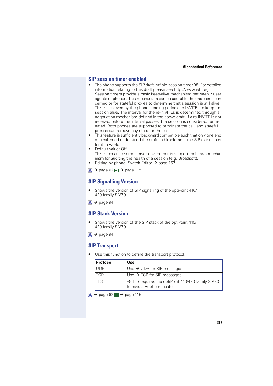 Sip session timer enabled, Sip signalling version, Sip stack version | Sip transport, Sip session timer | Siemens HIPATH 8000 User Manual | Page 217 / 249