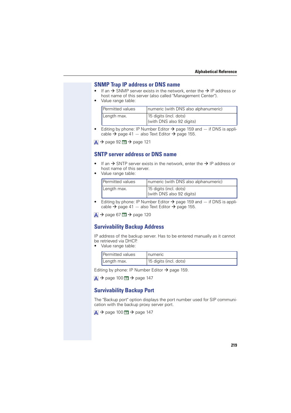 Snmp trap ip address or dns name, Sntp server address or dns name, Survivability backup address | Survivability backup port, Sntp ip addr, Snmp trap ip addr | Siemens HIPATH 8000 User Manual | Page 219 / 249