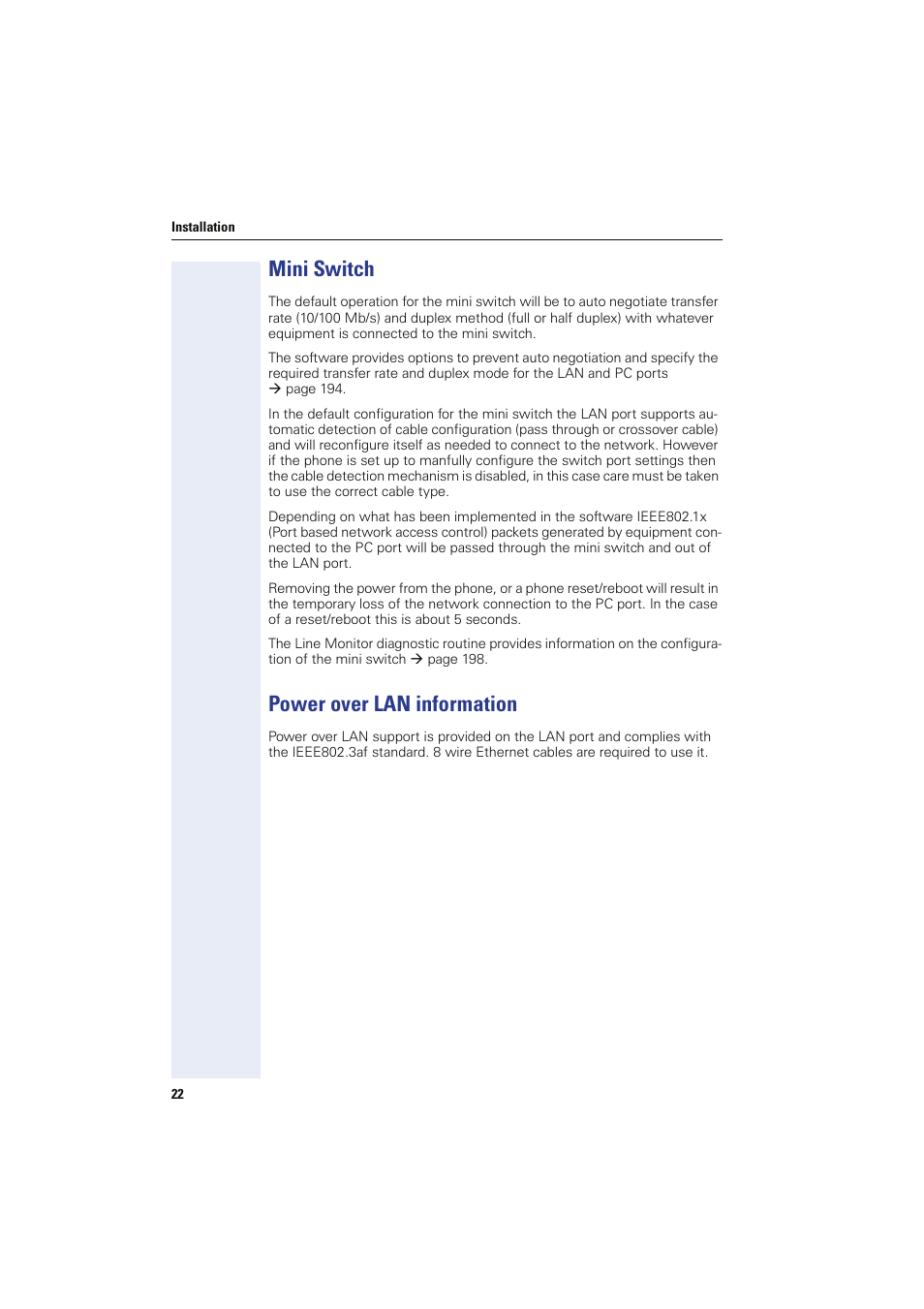 Mini switch, Power over lan information, Mini switch power over lan information | Siemens HIPATH 8000 User Manual | Page 22 / 249