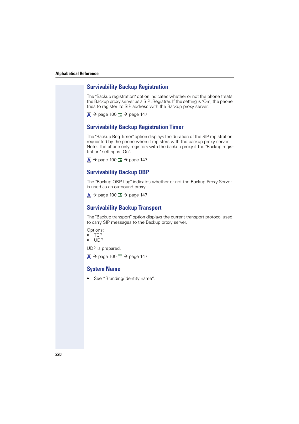 Survivability backup registration, Survivability backup registration timer, Survivability backup obp | Survivability backup transport, System name | Siemens HIPATH 8000 User Manual | Page 220 / 249