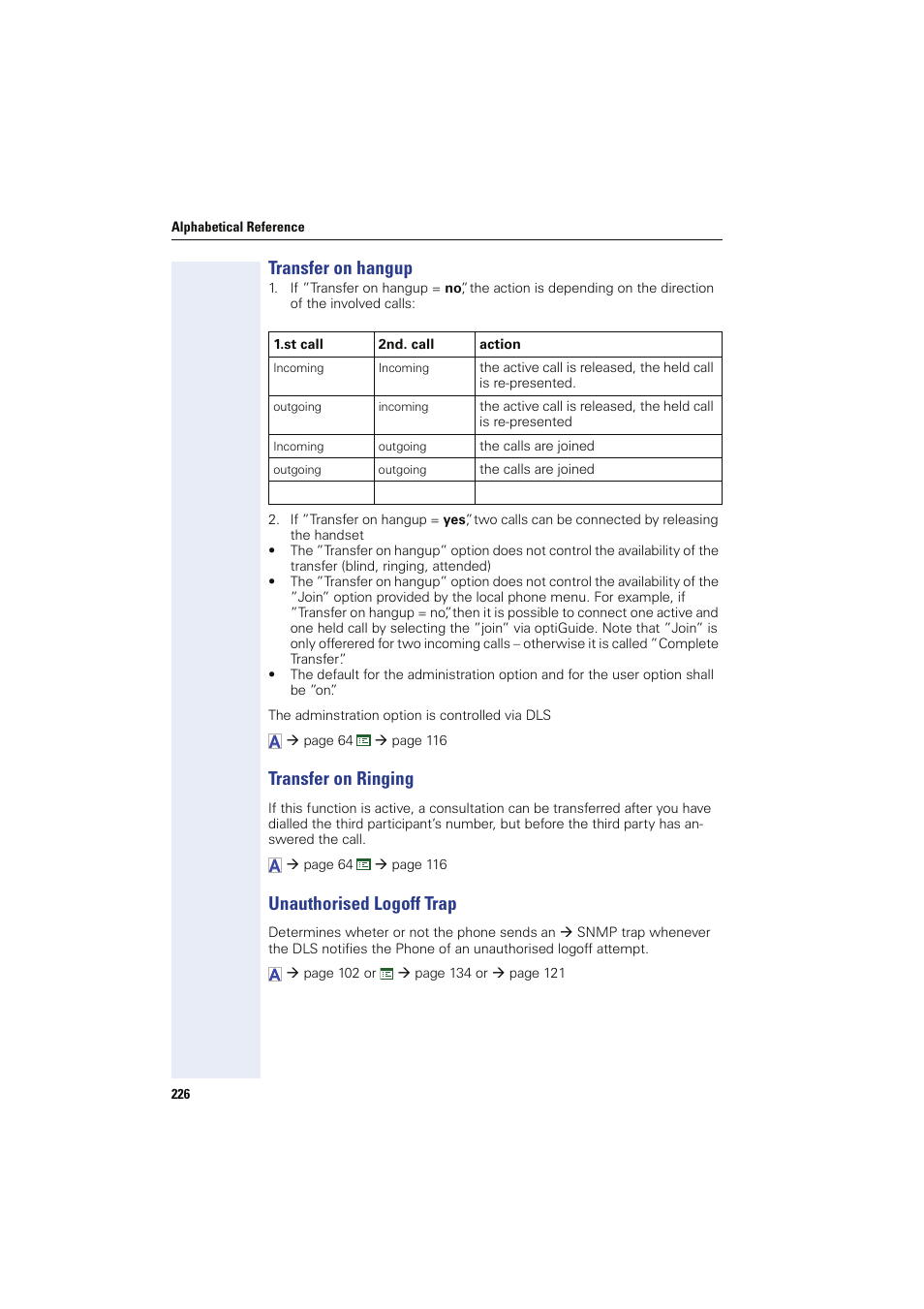 Transfer on hangup, Transfer on ringing, Unauthorised logoff trap | Siemens HIPATH 8000 User Manual | Page 226 / 249